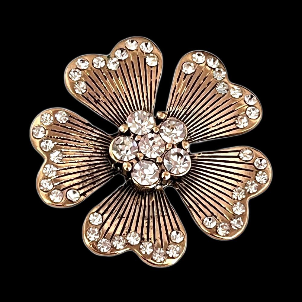 New Antique Gold Tone Pin Clear Crystal Floral Figural Brooch - 2G